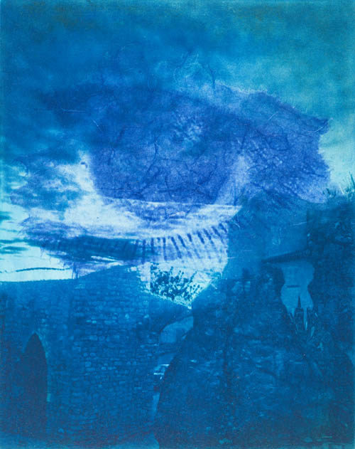 Amy Ernst - Within the Ancient Walls (Voyeur Over Seillans, Bleu) - 2014 unique solar plate etching